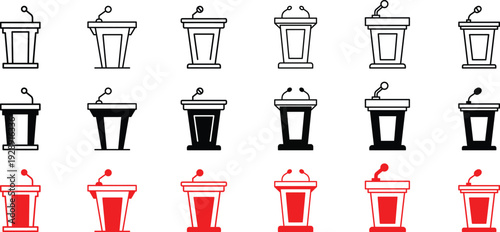 Podium and Public Speaking Icons Set – Lectern, Speech Stand, Conference Presentation Symbols