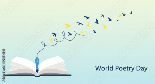 World poetry day celebration with open book and flying birds emerging from a fountain pen