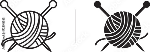 Black and white line and silhouette yarn ball with knitting needles line silhouette
