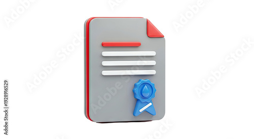 3D Certificate Icon with Blue Ribbon and Seal