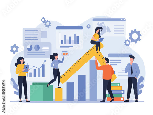 People working together with charts graphs and statistics on a large ruler measuring progress growth and success in business teamwork and collaboration