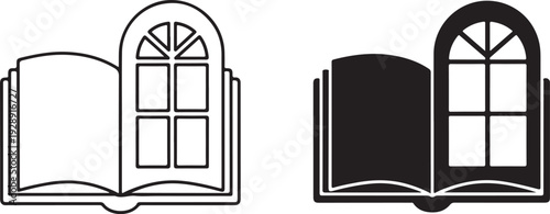 Black and white line and solid of open books with arched window on cover line solid black and white