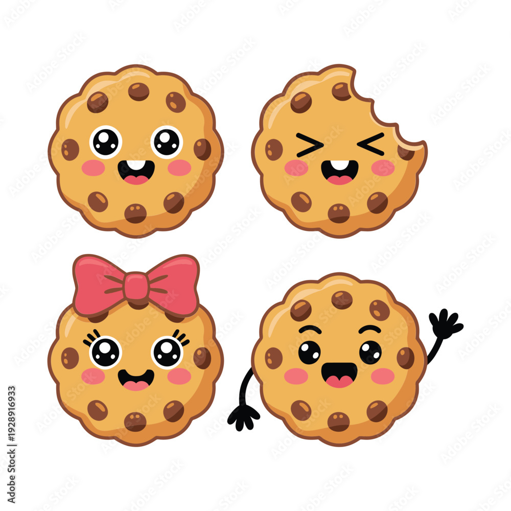 Obraz premium Smiling cartoon cookie mascot faces with bows illustration for kids bakery branding, dessert packaging, birthday party invitation design template vector