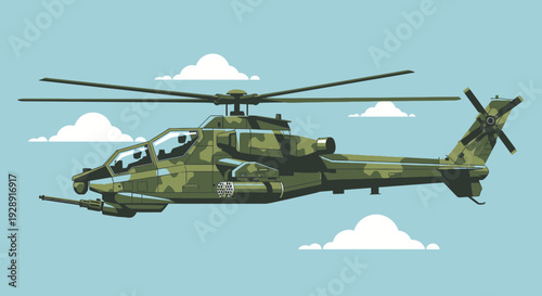 Camouflaged Attack Helicopter Flying in Sky with Clouds