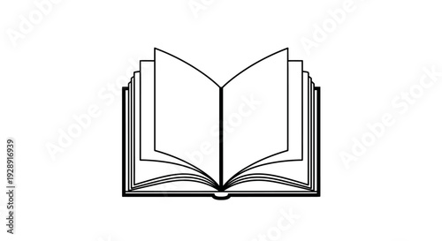 Open book line art illustration. Simple black and white outline drawing representing reading, education, learning, and knowledge.