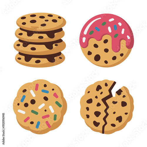 Assorted cookie collection with stacked chocolate chips and frosted sprinkle biscuits for bakery shop branding, cafe menu, holiday design