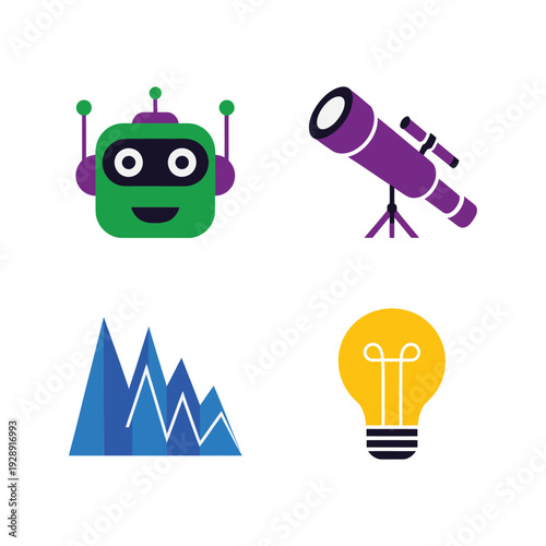 Science club logo set with robot head, telescope, mountain graph and light bulb, stem education vector for innovation event