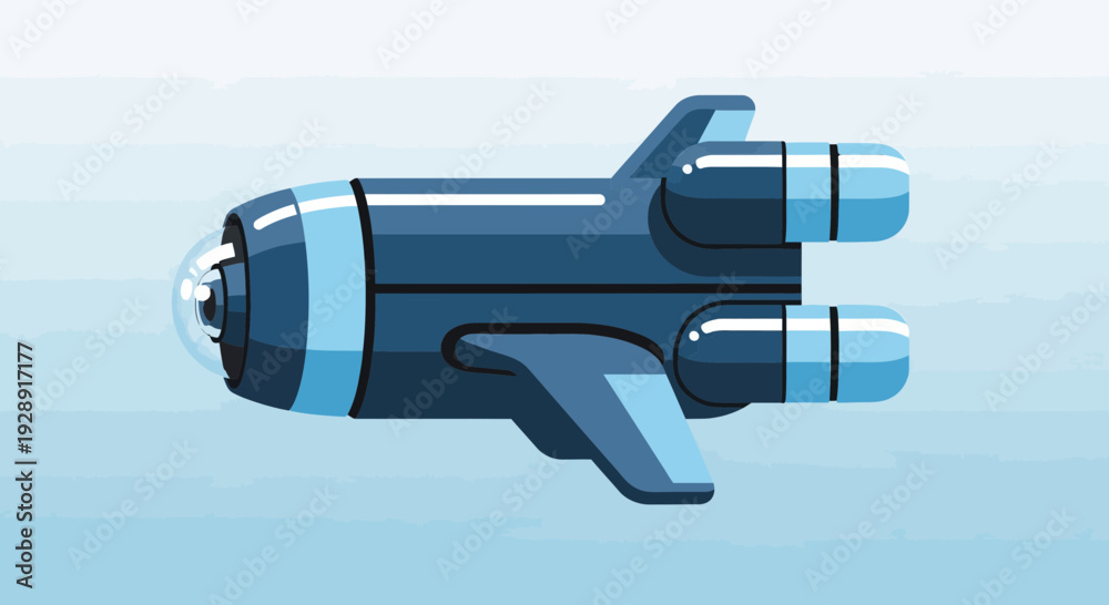 Fototapeta premium Futuristic Blue Spaceship Flying in Light Blue Sky, Sci-Fi Concept