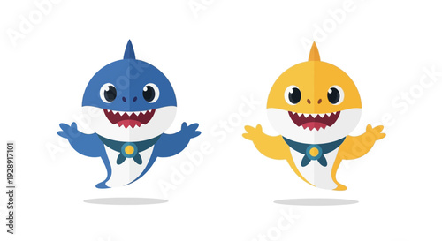Cute cartoon baby sharks dancing, blue and yellow characters isolated on white background.