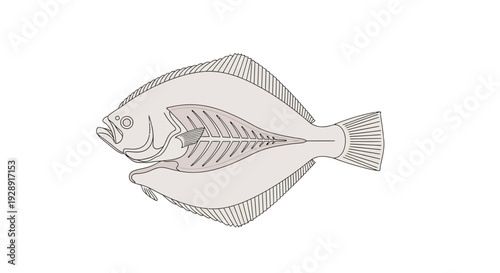 Flatfish Anatomy Illustration, Seafood Ingredient, White Background, Culinary Art