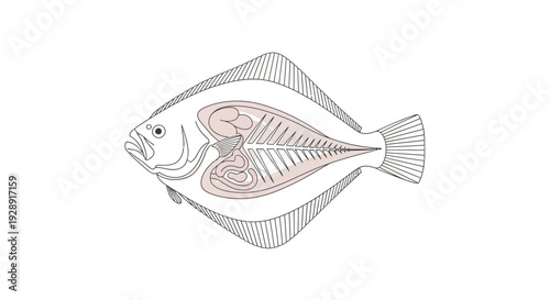 Flounder Fish Anatomy Illustration with Internal Organs and Skeleton
