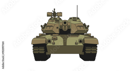 Front view of a modern battle tank with camouflage, isolated on white background.