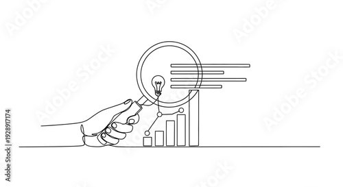 Hand holding magnifying glass over lightbulb and analytics graph, continuous line drawing