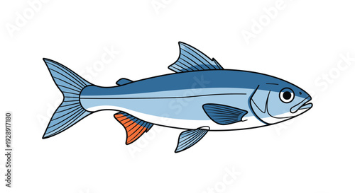 Illustration of a Blue Fish with Orange Fins, Isolated on White Background