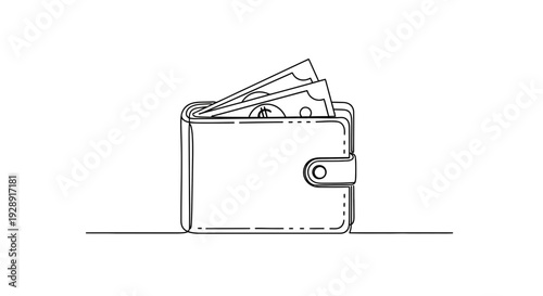 Hand-drawn wallet filled with cash, minimalist illustration on white background