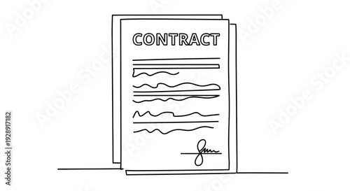 Hand-drawn contract document with signature, legal agreement concept, simple illustration