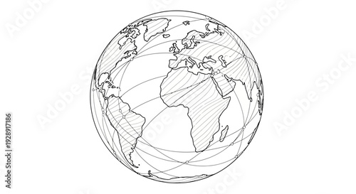 Hand-drawn globe showing continents and latitude lines, sketch style, isolated on white.