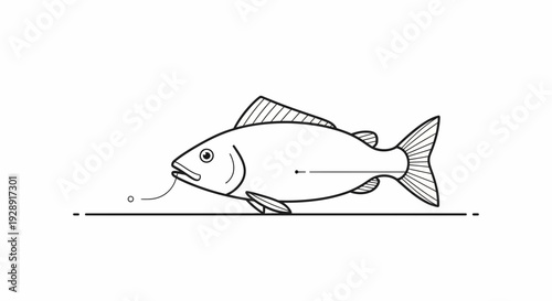 Minimalist line art illustration of a fish biting a fishing hook