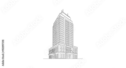Modern Skyscraper Outline Drawing on White Background