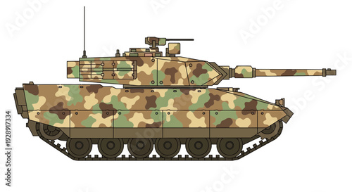 Modern Military Tank with Camouflage Pattern, Side View