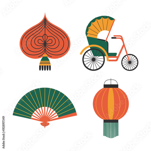 Cultural festival icons, traditional headwear, cycle rickshaw, folding fans, paper lantern, Asian fair poster, craft market session branding materials vector