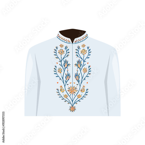 Embroidered kurta illustration for cultural festival runway, traditional attire exhibition poster, craft heritage session branding, wedding ceremony design vector pack