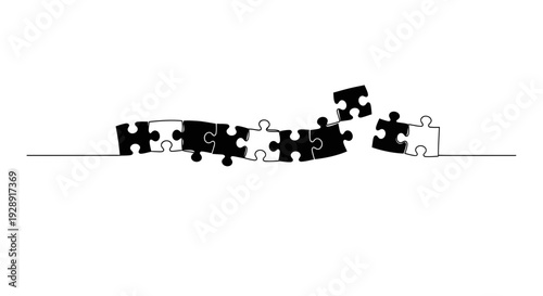 Puzzle pieces, black and white, forming a line, concept of connection and problem solving