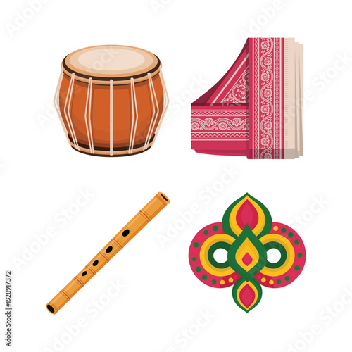 Drum and bamboo flute with rangoli motif, cultural music night poster, folk performance session branding, spring festival celebration vector design