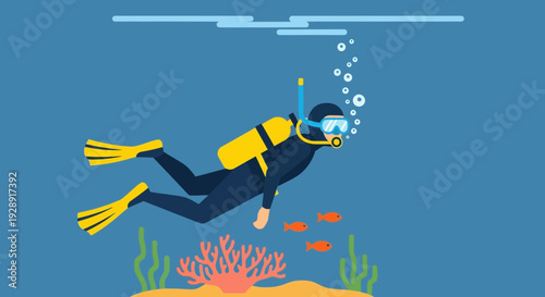 Scuba Diver Exploring Underwater Coral Reef with Small Fish