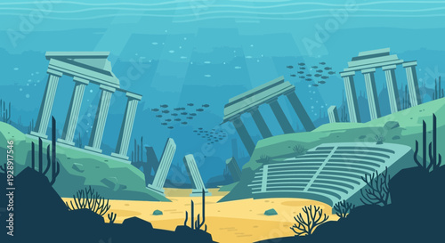Underwater ancient ruins of a sunken city with columns and amphitheater
