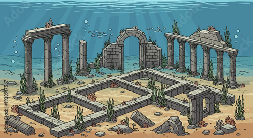 Underwater Ancient Ruins, Sunken City, Pixel Art Style
