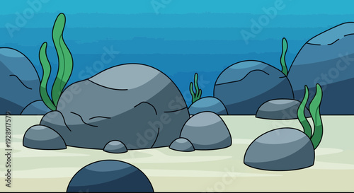 Underwater Scene with Rocks and Seaweed,Cartoon Style