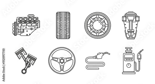 Automotive Icons Set: Engine, Tire, Wheel, Steering Wheel, Fuel Pump