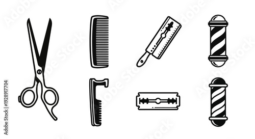 Barber Shop Tools and Symbols Icons Set: Scissors, Comb, Razor, Barber Pole