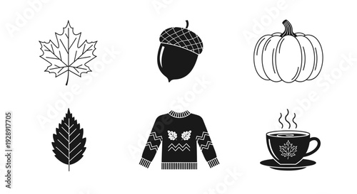 Autumn Icons: Maple Leaf, Acorn, Pumpkin, Sweater, Tea Cup - Simple Vector Graphics