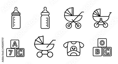 Baby Icons Set: Bottles, Strollers, Blocks, and Clothing - Line Art