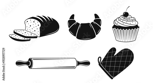 Bakery Icons: Bread, Croissant, Muffin, Rolling Pin, Oven Mitt - Black and White