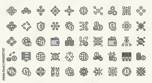 Blockchain Technology Icons: Finance, Network, Security, Crypto, Data