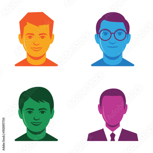 Bold color portrait avatars with modern hairstyle and glasses for employee directory, team, community forum, webinar registration, branding vector design