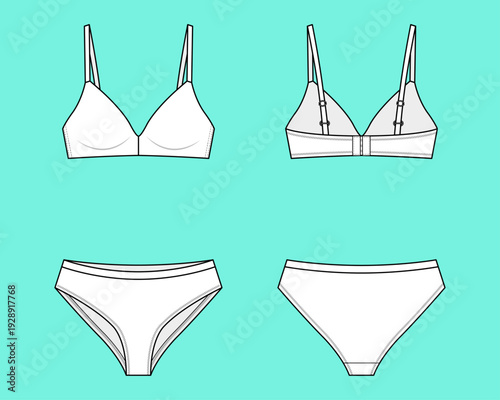 Women's Minimalist Triangle Bra and Classic Brief Lingerie Set Technical Flat Sketch Front and Back Views