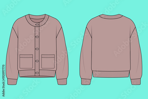 Women's Oversized Crewneck Cardigan with Drop-Shoulder Ribbed Detailing Fashion Flat Sketch