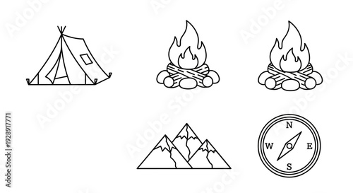 Camping Icons: Tent, Campfire, Mountains, Compass - Outdoor Adventure Line Art