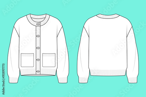 Minimalist Oversized Crewneck Cardigan with Ribbed Trim and Patch Pockets Fashion Technical Flat Sketch