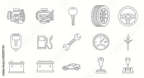 Car Parts and Tools Icons - Automotive Repair and Maintenance Set