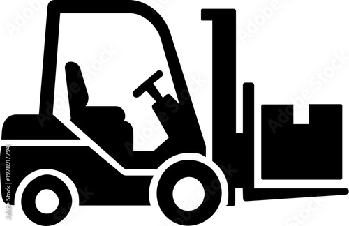 Forklift vehicle with a box cargo in black silhouette design  