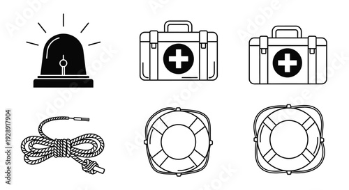Emergency and Safety Equipment Icons: Siren, First Aid Kits, Rope, Life Buoys