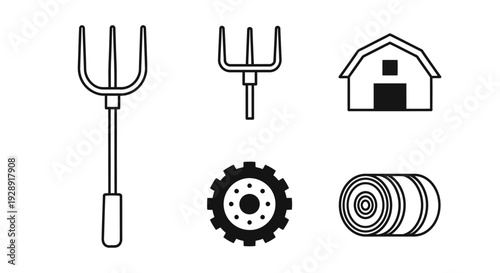 Farm Icons: Pitchfork, Barn, Tractor Gear, Hay Bale - Agriculture Set