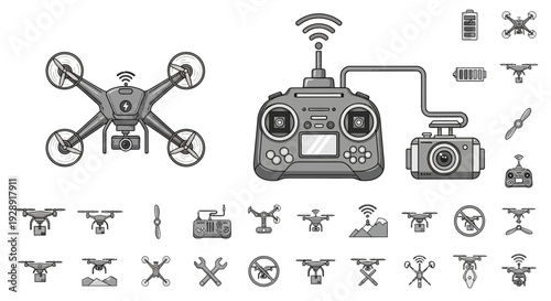 Drone Technology Set: Quadcopter, Remote Control, Camera, Icons, Vector Graphics