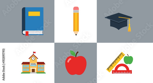 Education Icons: Book, Pencil, Graduation Cap, School, Apple, Ruler