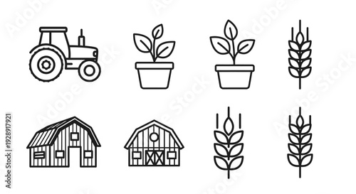 Farm Icons: Tractor, Barn, Plants, Wheat - Vector Graphics